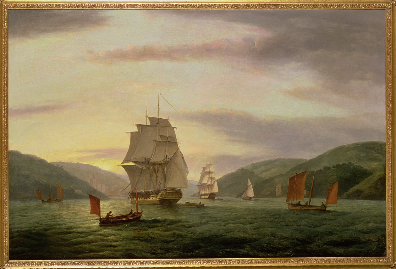 Dartmouth Limanında Bir Fırkateyn, Bir Lugger ve Tüccar Gemisi, 1808 by Thomas Luny