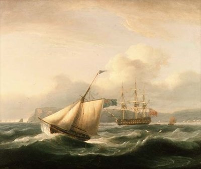 Torbay Limanında Demirli İki Katlı, Kesici Ön Planda by Thomas Luny