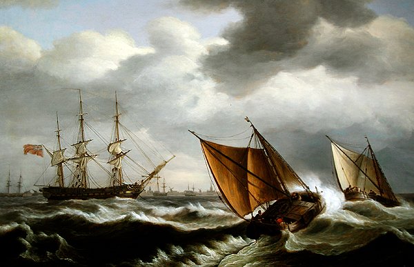 Harwich açıklarında bir fırtınada demirlemiş bir İngiliz firkateyni ile Hollanda kıyı gemisi by Thomas Luny