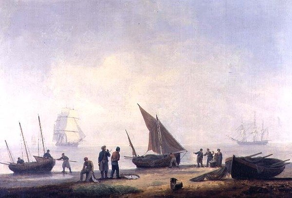 Denizde Gemileri Olan Bir Sahilde Balıkçılar by Thomas Luny