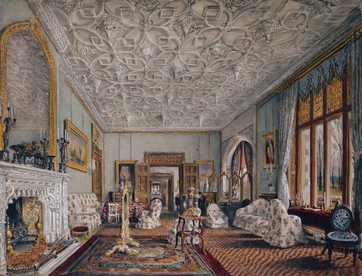 Gotik Tarzda Çizim Odası, c.1850 (suluboya) by Thomas Mann Baynes