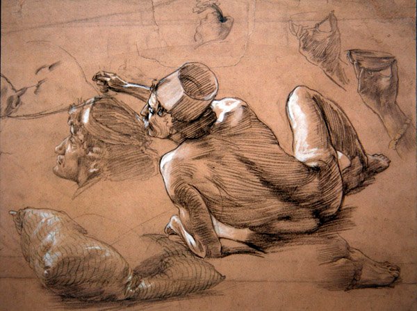 Yatan erkek çıplak, 1880 dolayları (kalem, siyah tebeşir ve kağıt üzerinde beyaz gövde rengi) by Thomas Matthews Rooke