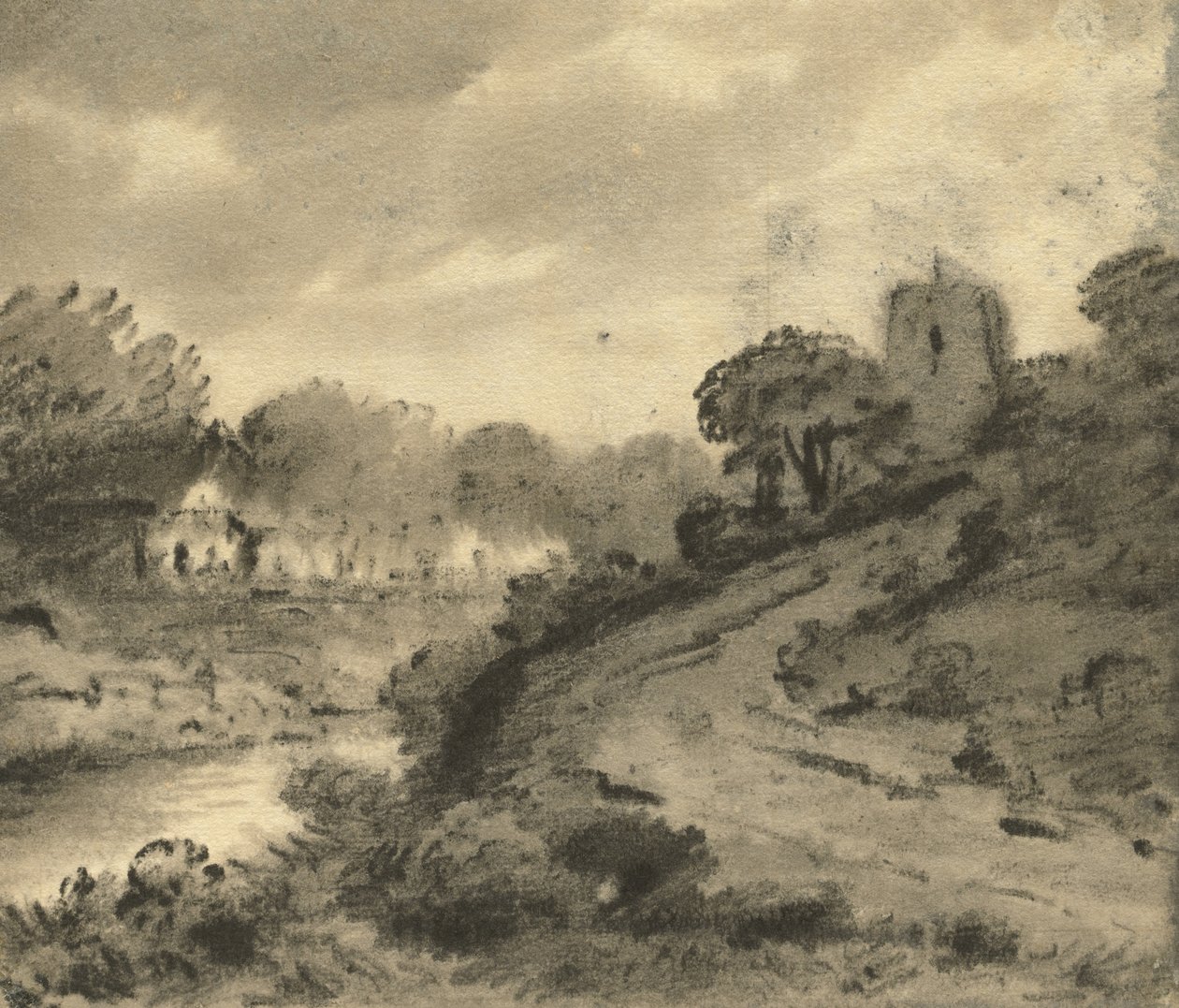 Sol ön planda bir kaya ile ormanlık bir nehir manzarası, c.1800 by Thomas Monro