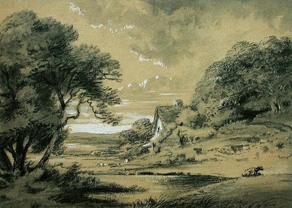 Nehir Kenarında Bir Kulübe ile Manzara (kağıt üzerinde kömür, yıkama ve gövde rengi) by Thomas Monro