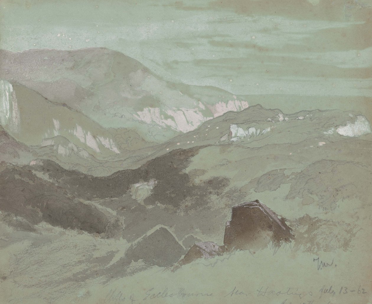 Hastings yakınlarındaki Ecclesbourne Kayalıkları, 1862 (gri dokuma kağıt üzerinde yıkama ile grafit) by Thomas Moran