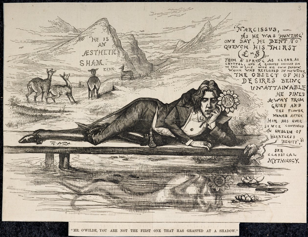 Oscar Wilde Narcissus olarak (bir yazıt ile) (gravür) by Thomas Nast