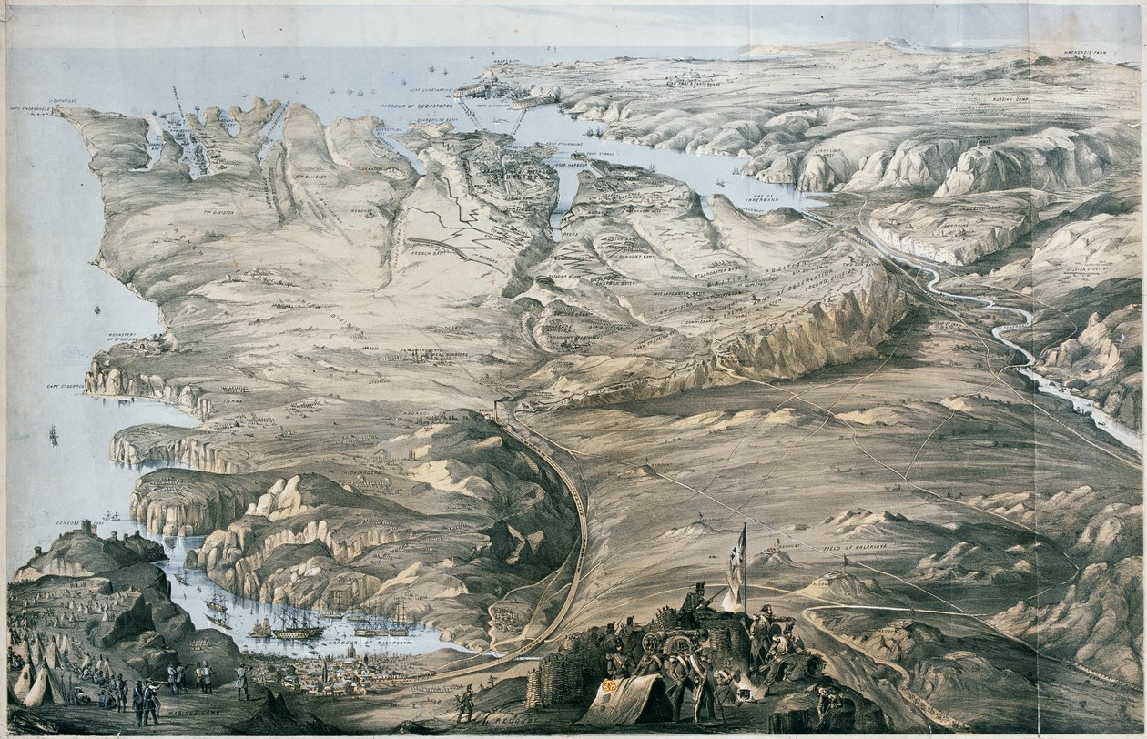 İngiltere ve Fransa'nın Müttefik Ordularının Sivastopol'dan önce siperlerinin panoramik görüntüsü (litografi, renkli) by Thomas Packer