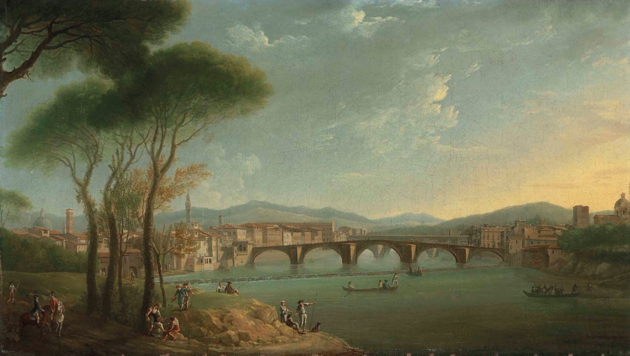 Arno, Floransa, Cascine Bahçelerinden, balık tutan ve ön planda kayaların üzerinde dinlenen figürler, Ponte alla Carità ve ötesinde Ponte Vecchio ile bir görünüm by Thomas Patch