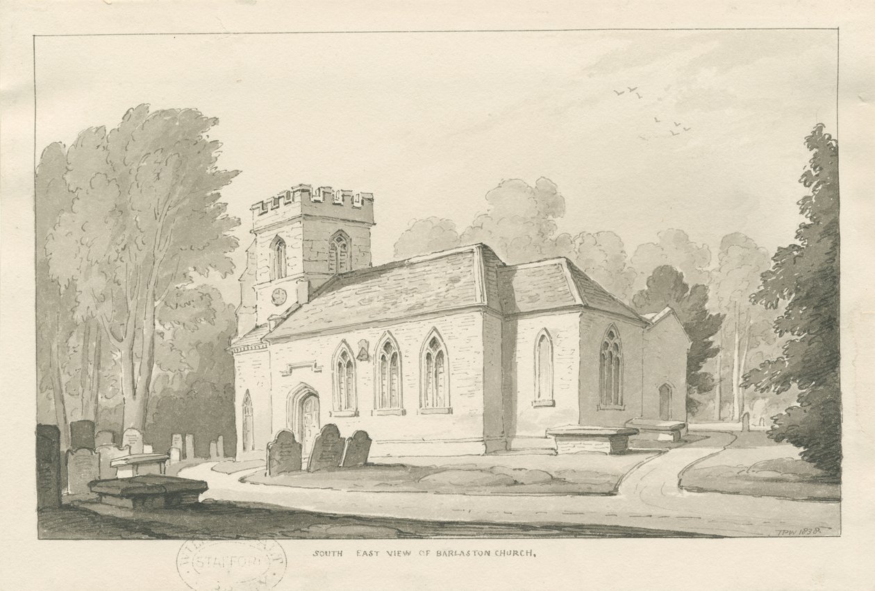 Barlaston Kilisesi: kalem ve yıkama çizimi, 1838 by Thomas Peploe Wood