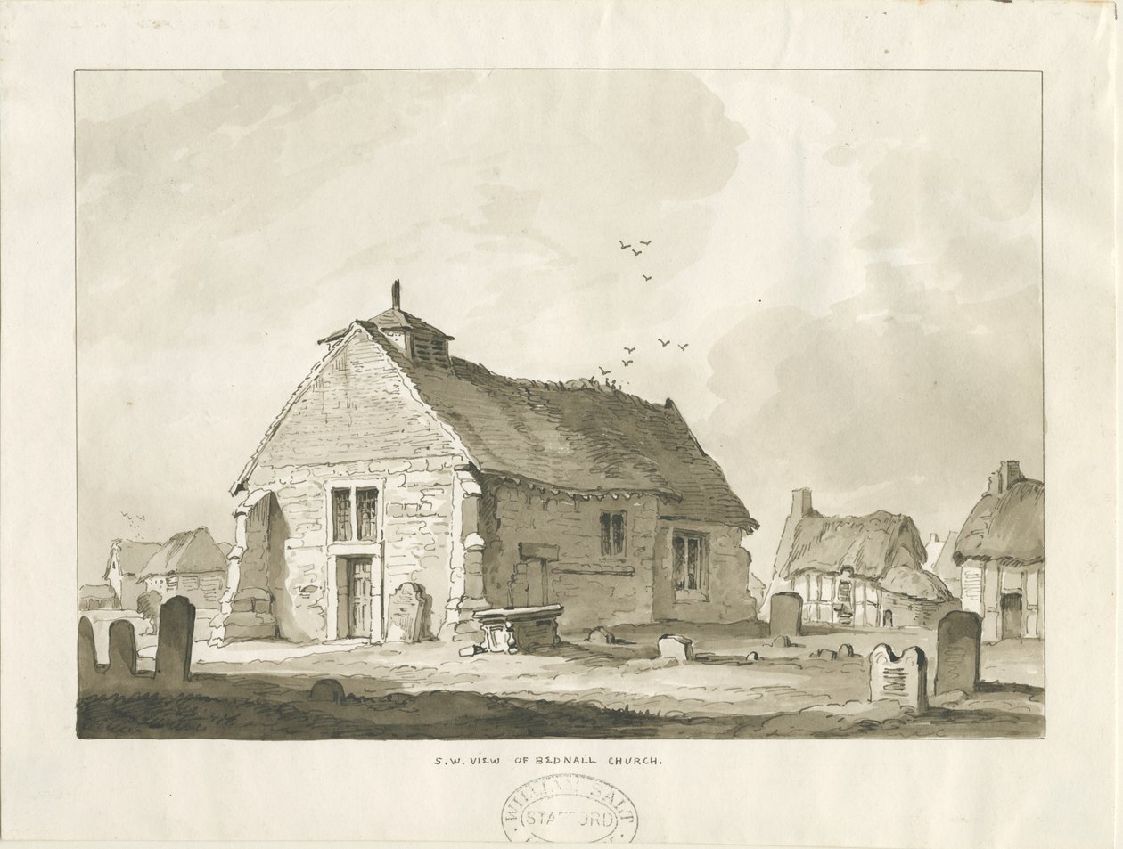 Bednall Kilisesi: sepya çizimi, nd [?1838] by Thomas Peploe Wood