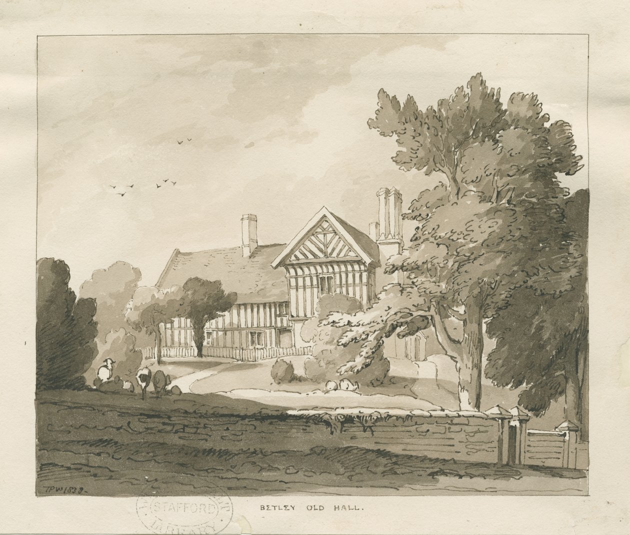 Betley Old Hall: sepya çizimi, 1838 by Thomas Peploe Wood