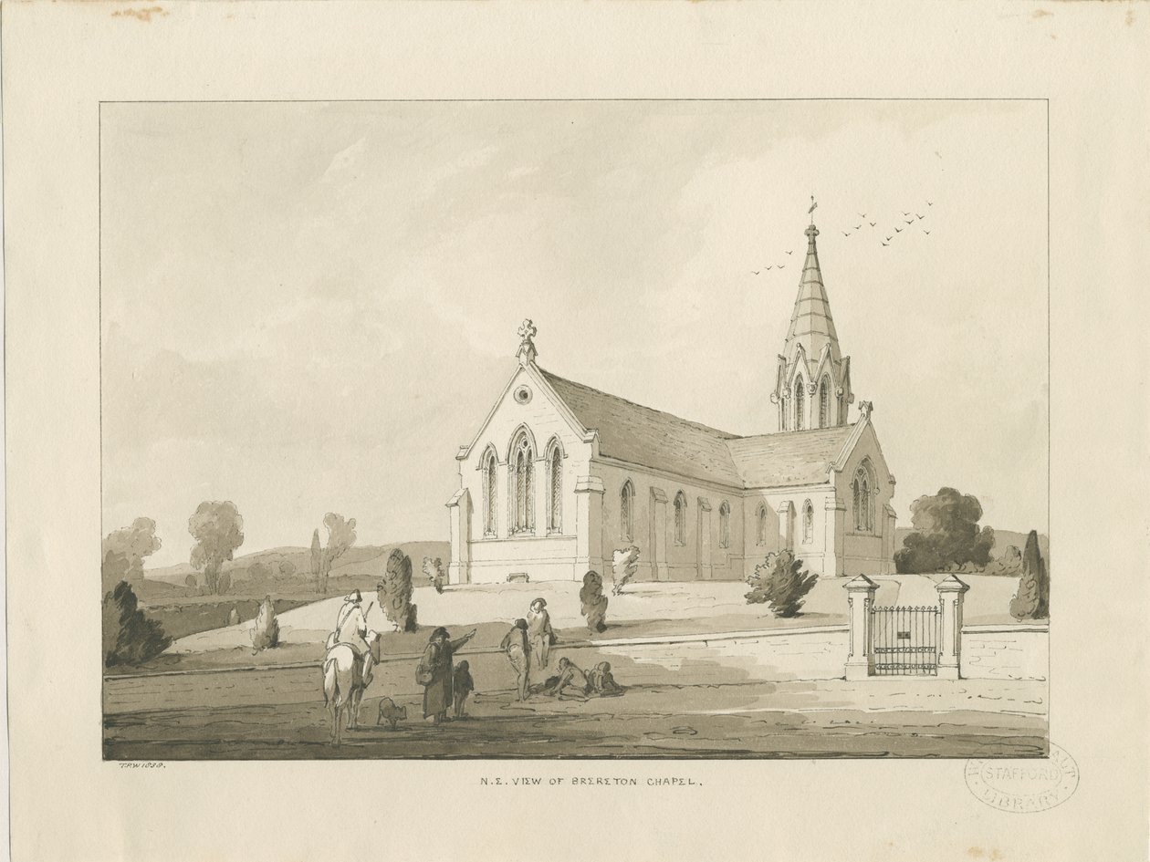 Brereton Şapeli: [St. Michael Kilisesi, Brereton] yıkama çizimi, 1838 by Thomas Peploe Wood