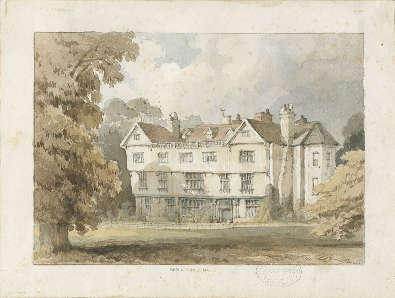 Broughton Hall: sulu boya, nd [?1838] (resim) by Thomas Peploe Wood
