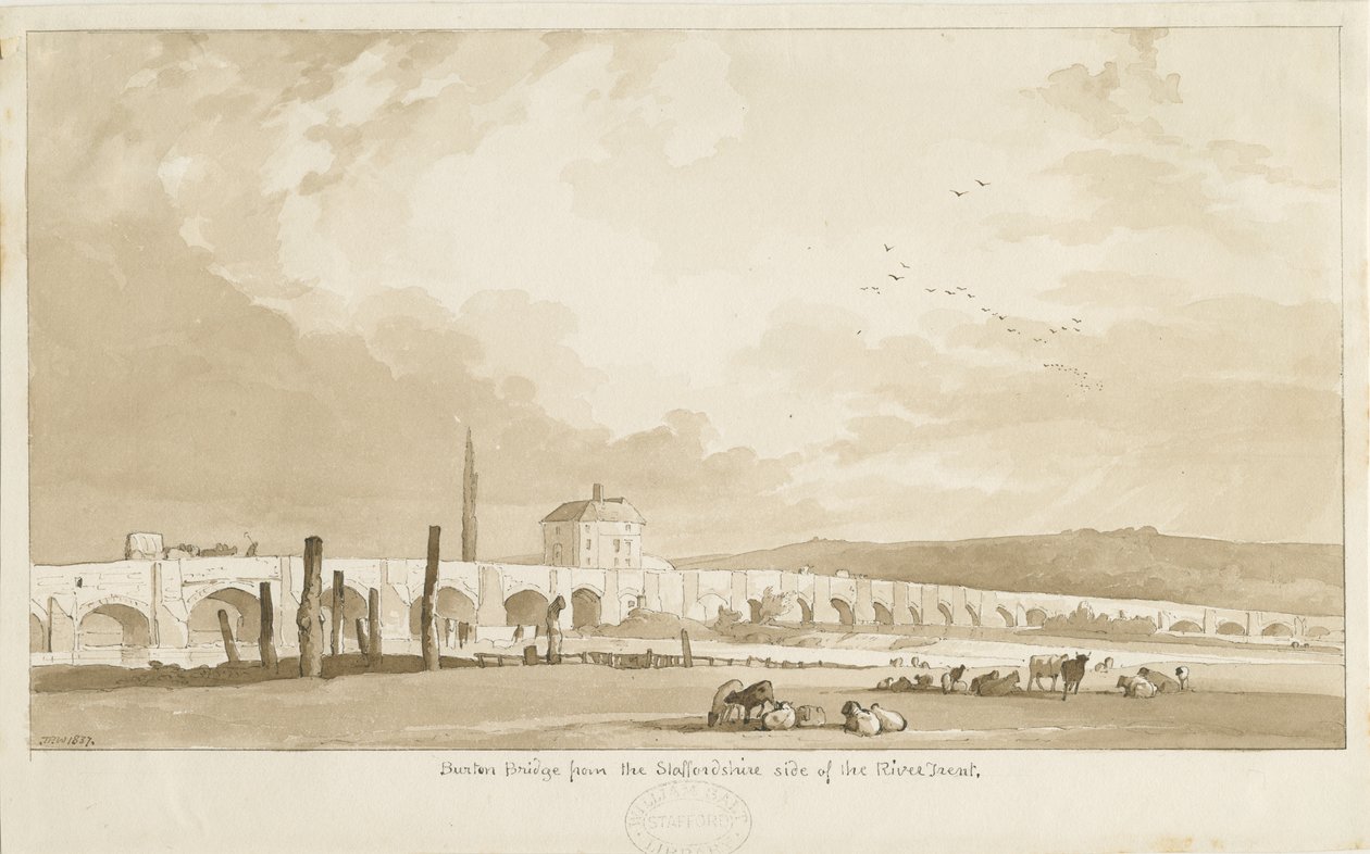 Burton-upon-Trent Köprüsü ve Kasabası: sepya çizimi, 1837 by Thomas Peploe Wood