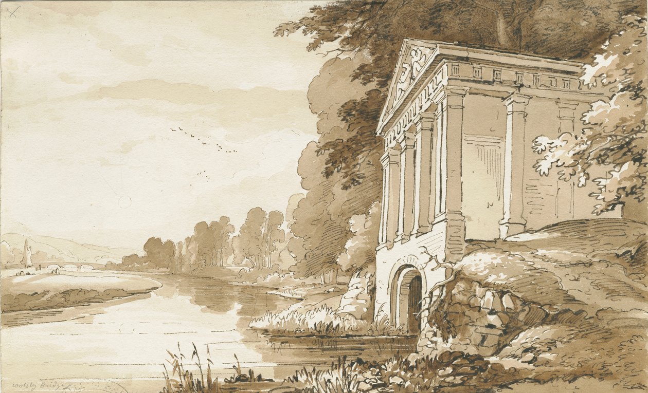 Colwich - Wolseley Köprüsü yakınlarındaki Tapınak: sepya yıkama çizimi, nd [1837-1838] (çizim) by Thomas Peploe Wood