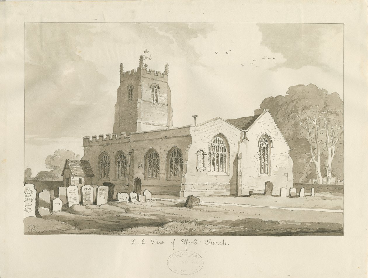 Elford Kilisesi: sepya çizimi, 1837 by Thomas Peploe Wood