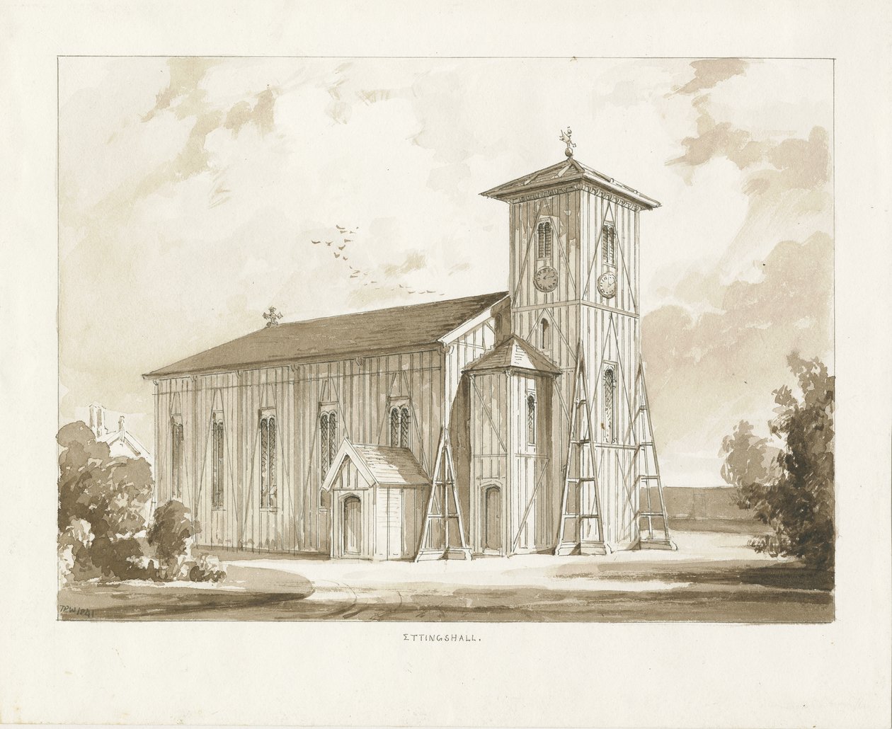 Ettingshall Kilisesi: sepya yıkama çizimi, 1841 by Thomas Peploe Wood