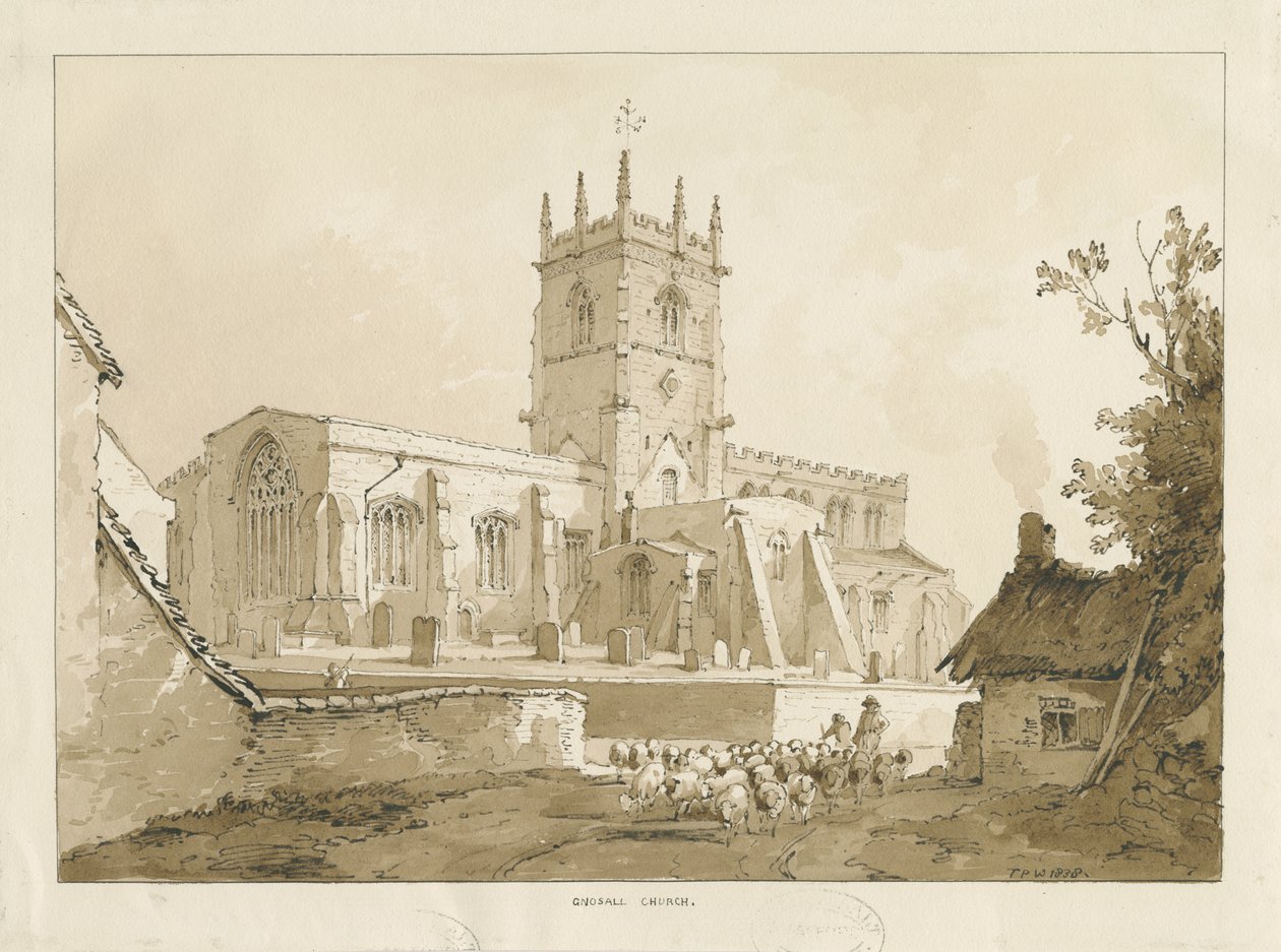 Gnosall Kilisesi: yıkama çizimi, 1838 by Thomas Peploe Wood