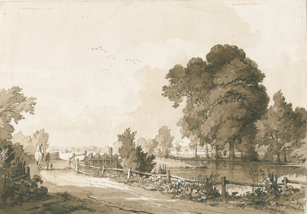 Great Haywood - Trent Nehri üzerindeki Taşkın Kapıları: kalem ve sepya çizimi, 17 Temmuz 1838 by Thomas Peploe Wood