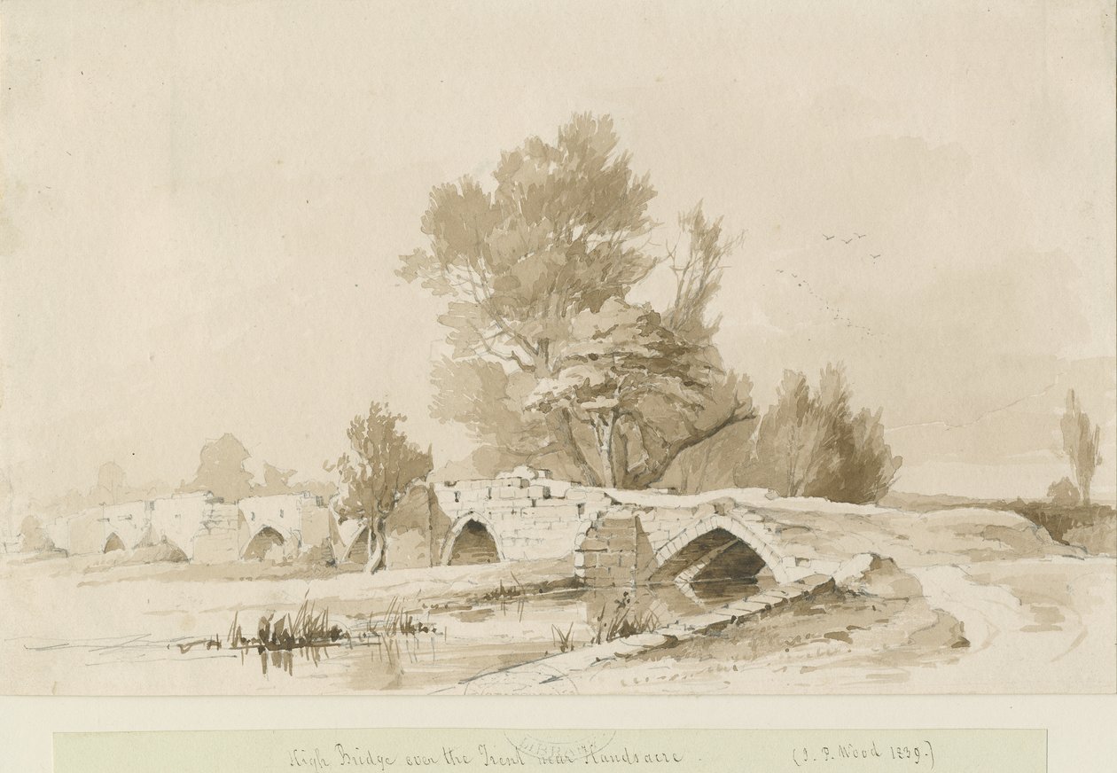 Handsacre - Eski Yüksek Köprü: sepya çizimi, 1839 by Thomas Peploe Wood