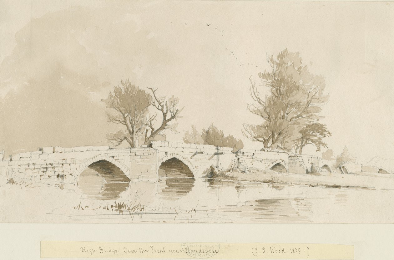 Handsacre - Old High Bridge: sepya yıkama çizimi by Thomas Peploe Wood