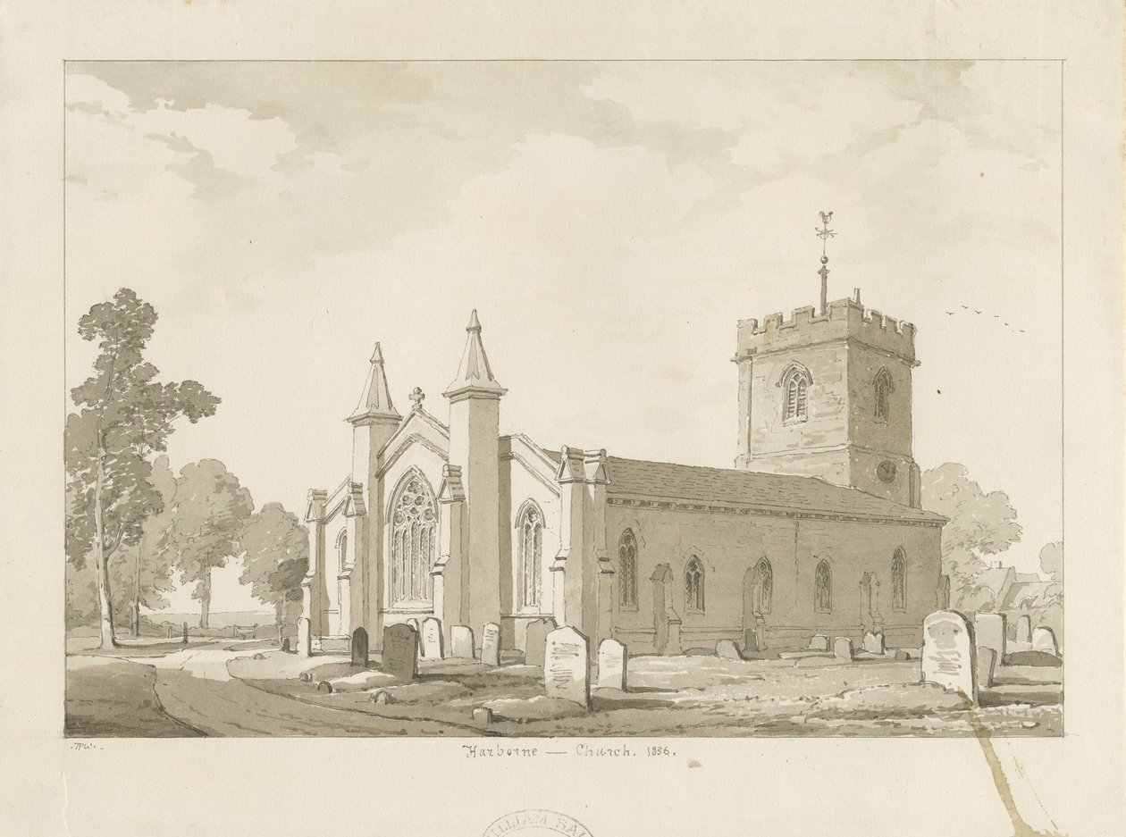 Harborne Kilisesi: sepya yıkama çizimi by Thomas Peploe Wood