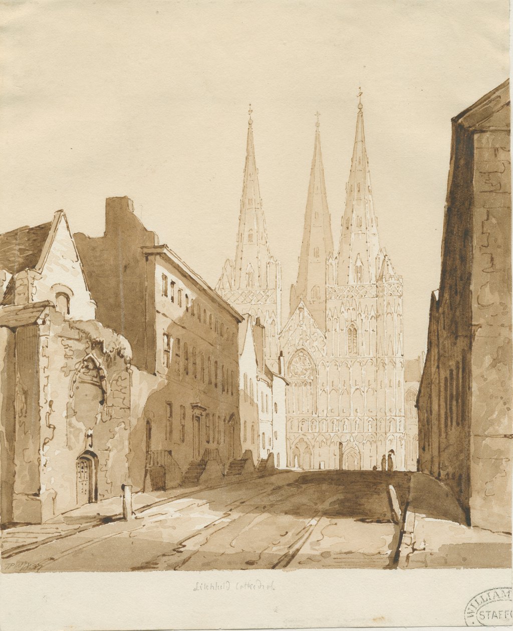 Lichfield Katedrali: kırmızı-sepya çizimi by Thomas Peploe Wood