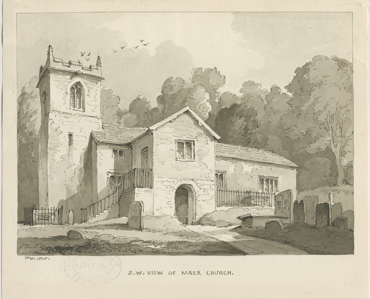 Maer Kilisesi: sepya yıkama çizimi, 1838 by Thomas Peploe Wood
