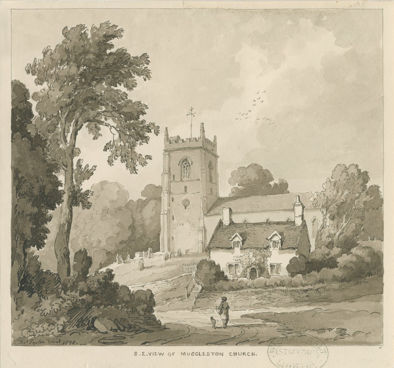 Mucklestone Kilisesi: sepya yıkama çizimi by Thomas Peploe Wood
