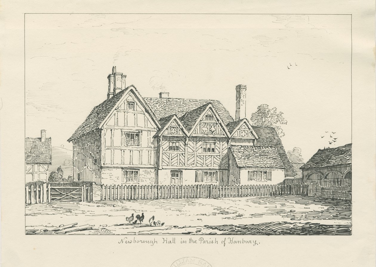 Newborough Hall: karakalem, 1836 by Thomas Peploe Wood