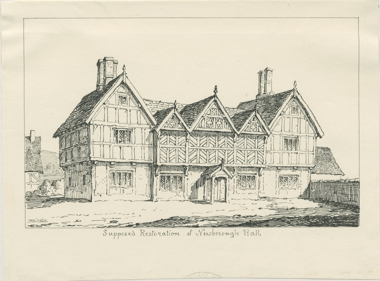 Newborough Hall: karakalem, 1836 by Thomas Peploe Wood