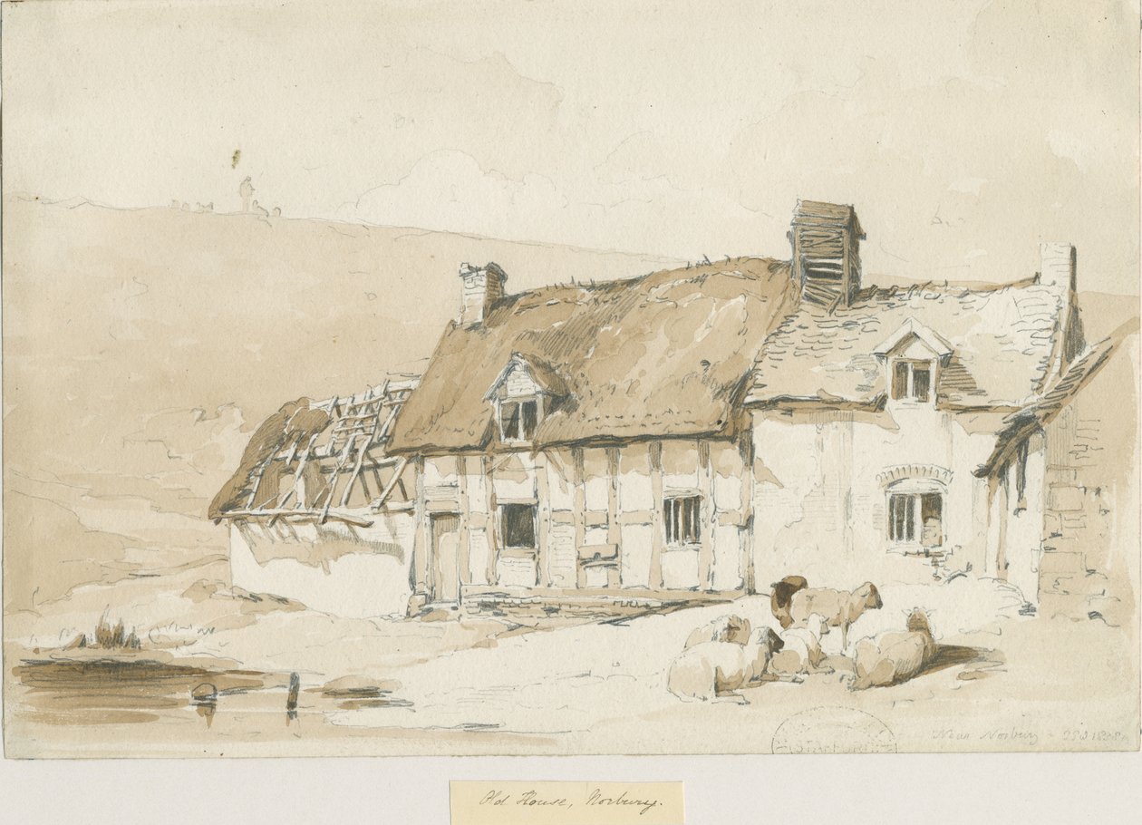 Norbury Köyü - Eski Evler: sepya yıkama çizimi by Thomas Peploe Wood