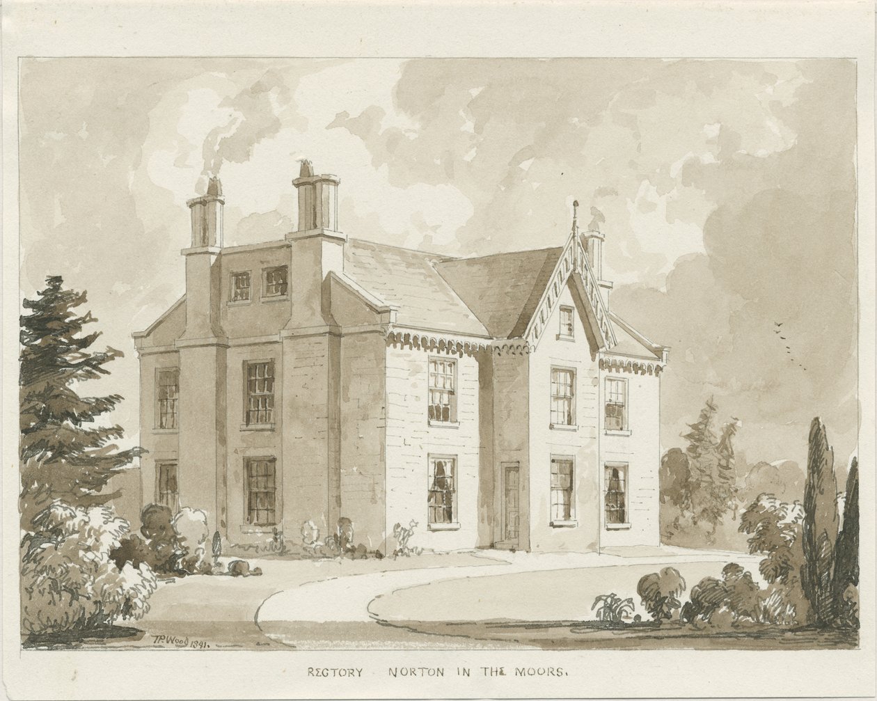 Norton-in-the-Moors Rectory: sepya yıkama çizimi, 1841 by Thomas Peploe Wood
