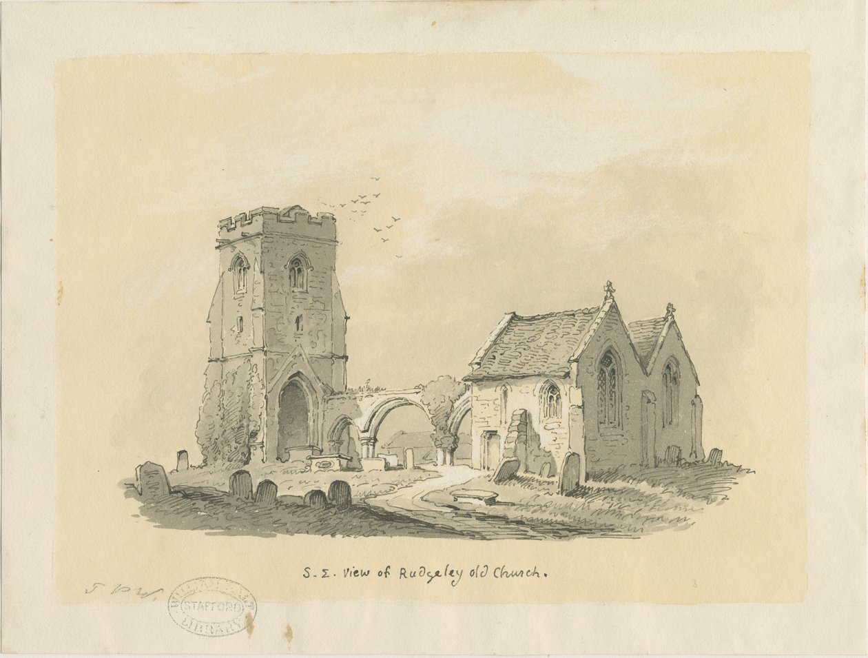 Rugeley Kilisesi (Eski): renkli kağıt üzerine sepya çizimi ve [?1839] (çizim) by Thomas Peploe Wood