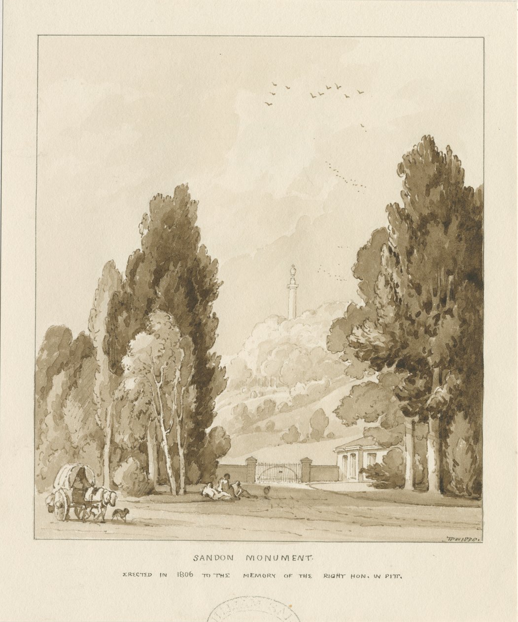 Sandon - William Pitt Anıtı: sepya yıkama çizimi, 1838 by Thomas Peploe Wood
