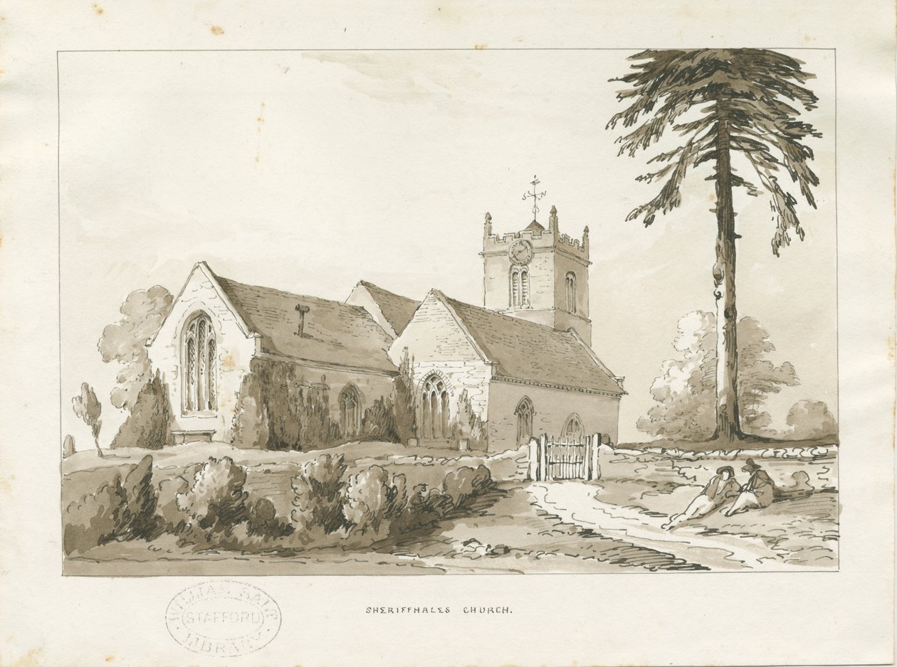 Sheriffhales Kilisesi: sepya yıkama çizimi, nd [?1838] (çizim) by Thomas Peploe Wood