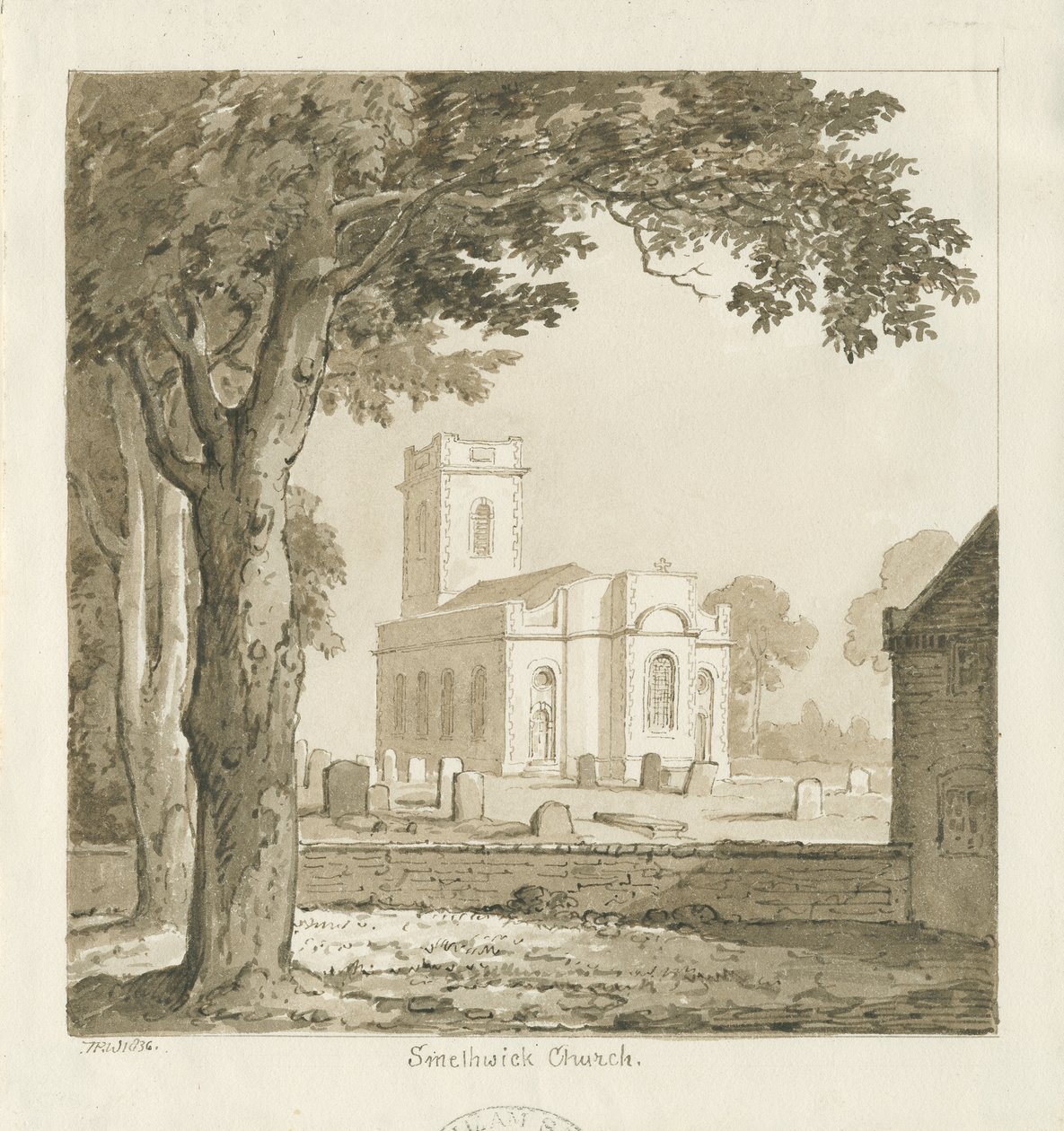 Smethwick Kilisesi: sepya çizimi, 1836 by Thomas Peploe Wood