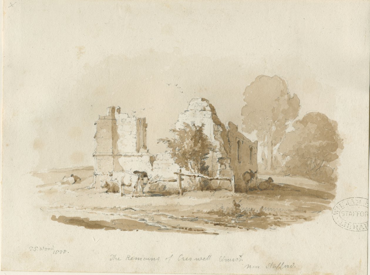 Stafford - Creswell Şapeli: sepya çizimi (vinyetli) by Thomas Peploe Wood