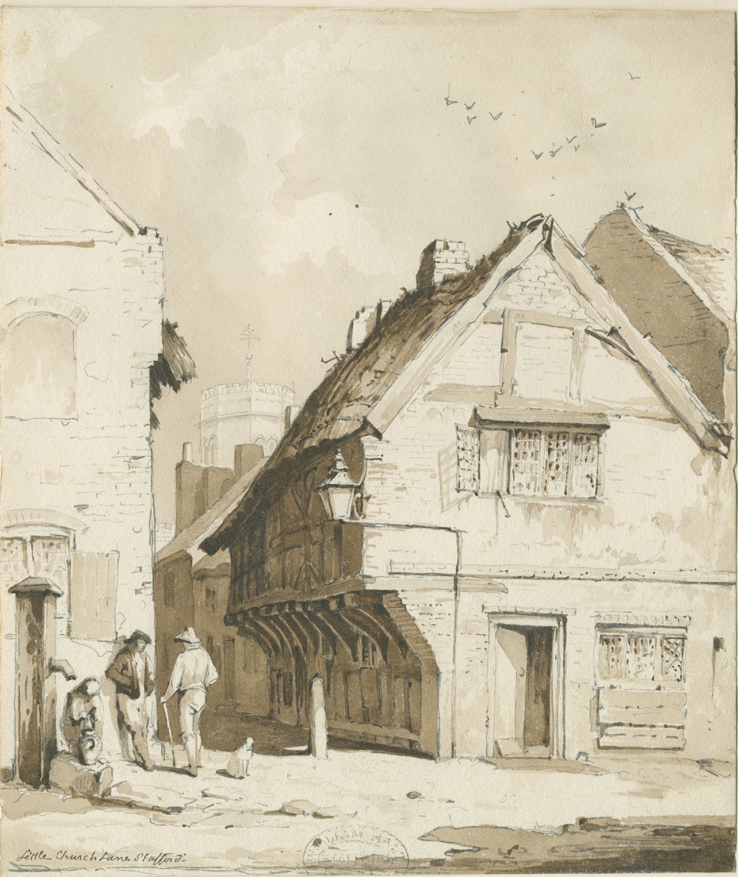 Stafford - Little Church Lane: sepya çizimi, nd [c 1837] by Thomas Peploe Wood