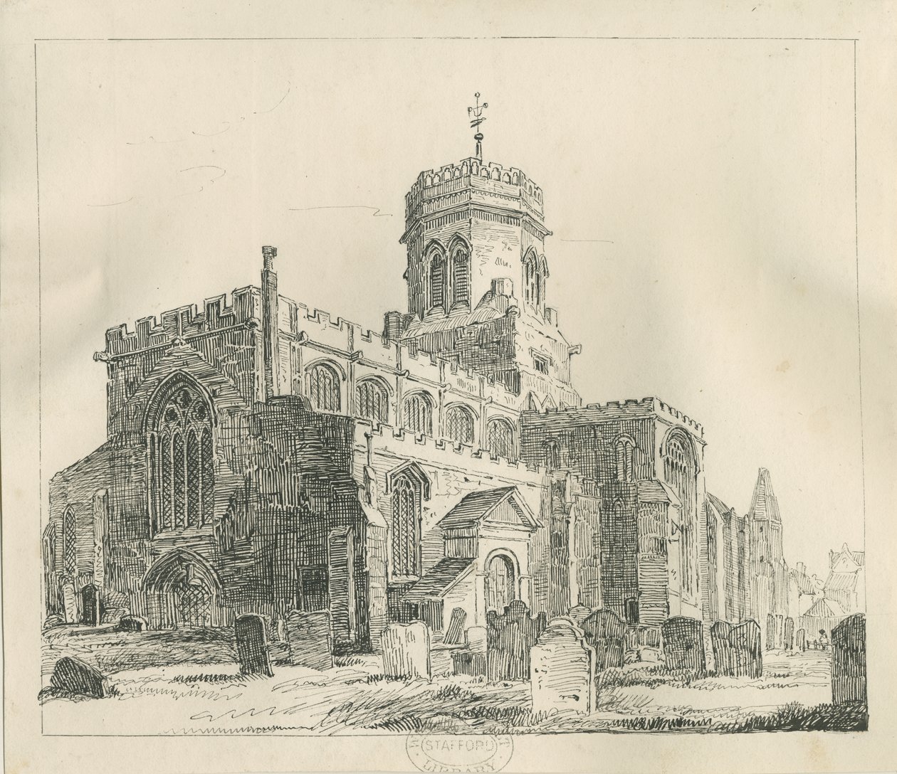 Stafford - St. Mary Kilisesi: kalem ve mürekkeple çizim, nd [c 1837] (çizim) by Thomas Peploe Wood