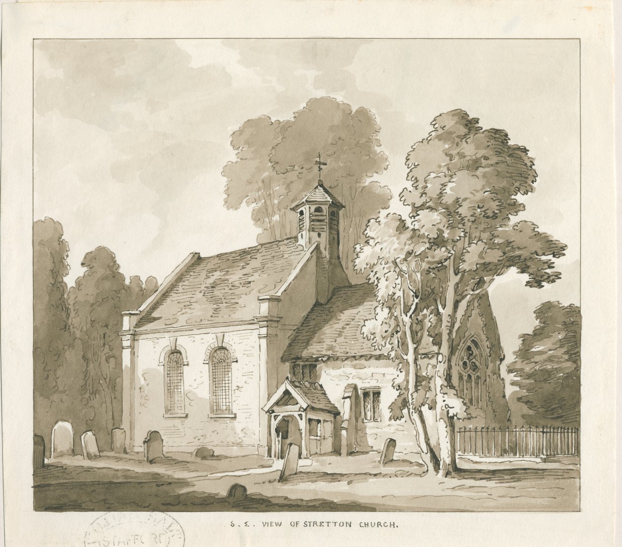 Stretton Kilisesi: sepya yıkama çizimi, nd [?1838] by Thomas Peploe Wood
