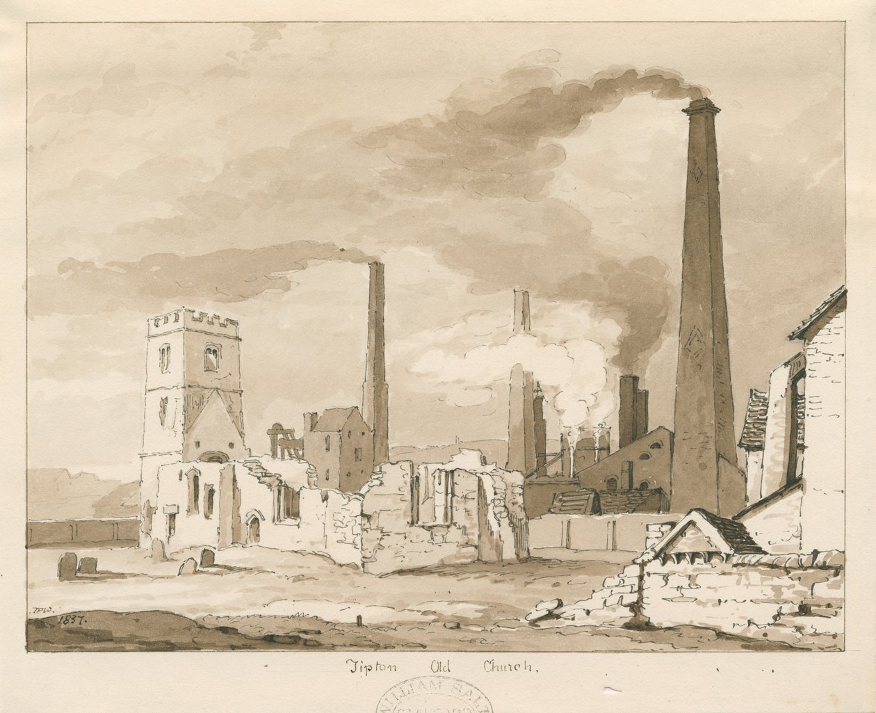 Tipton Eski Kilise: sepya yıkama çizimi, 1837 by Thomas Peploe Wood