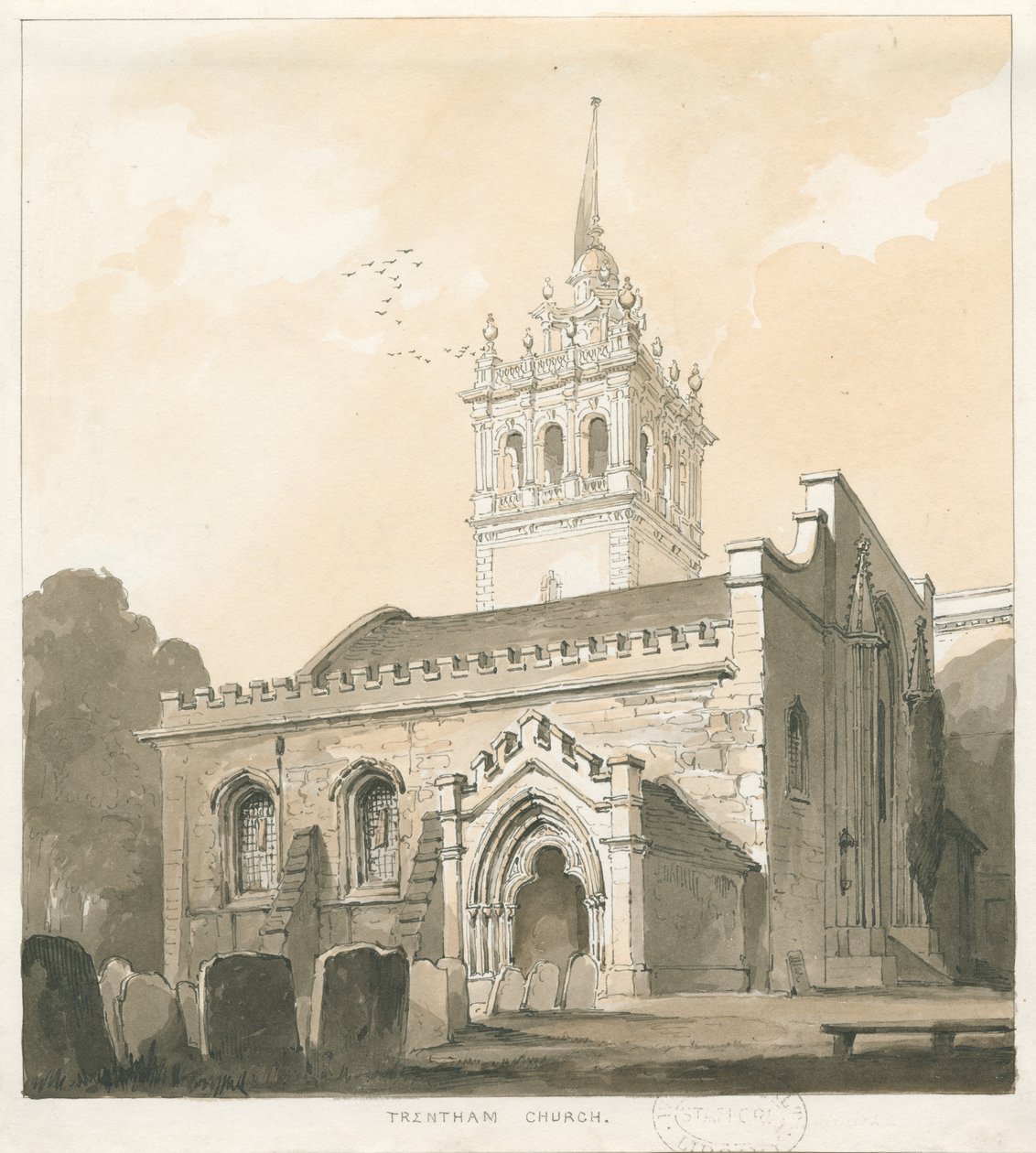 Trentham Kilisesi: sepya ve sarı yıkama çizimi, nd [?1838] by Thomas Peploe Wood