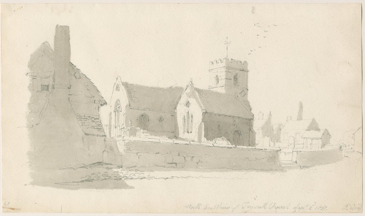 Trysull Kilisesi: karakalem, 2 Eylül 1837 (çizim) by Thomas Peploe Wood