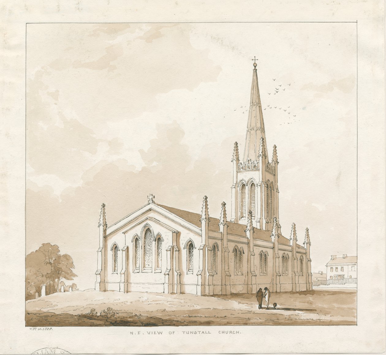 Tunstall Kilisesi: kalem ve yıkama çizimi, 1838 by Thomas Peploe Wood