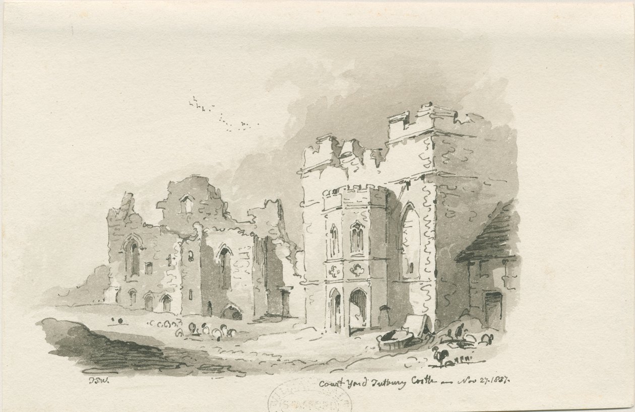 Tutbury Castle - Court Yard: kalem ve yıkama çizimi, 27 Kasım 1837 by Thomas Peploe Wood