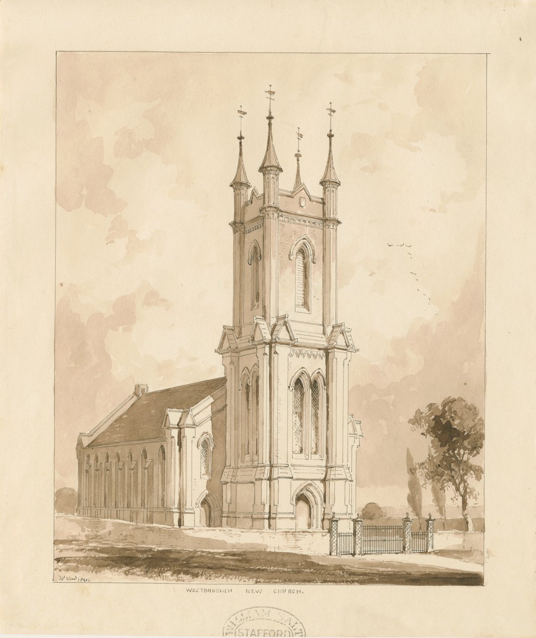 West Bromwich Kilisesi [Yeni]: sepya yıkama çizimi by Thomas Peploe Wood