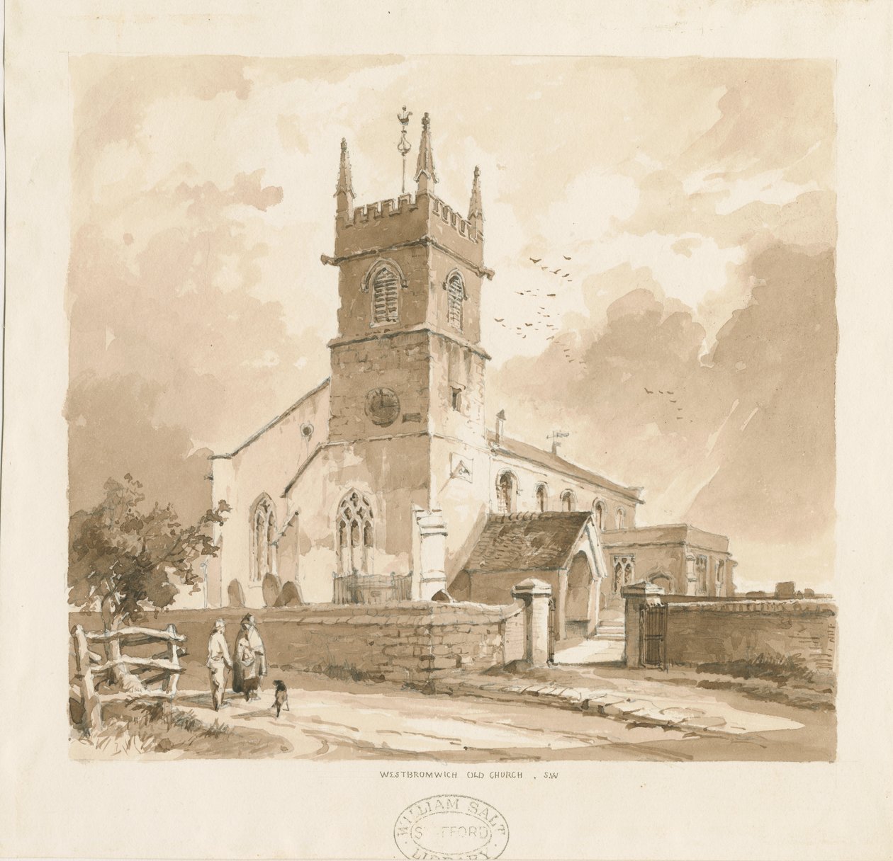 West Bromwich Kilisesi ["Eski"]: karakalem ve yıkama çizimi, nd [1841, cf XII.16b ve WSL, D1986/3] by Thomas Peploe Wood