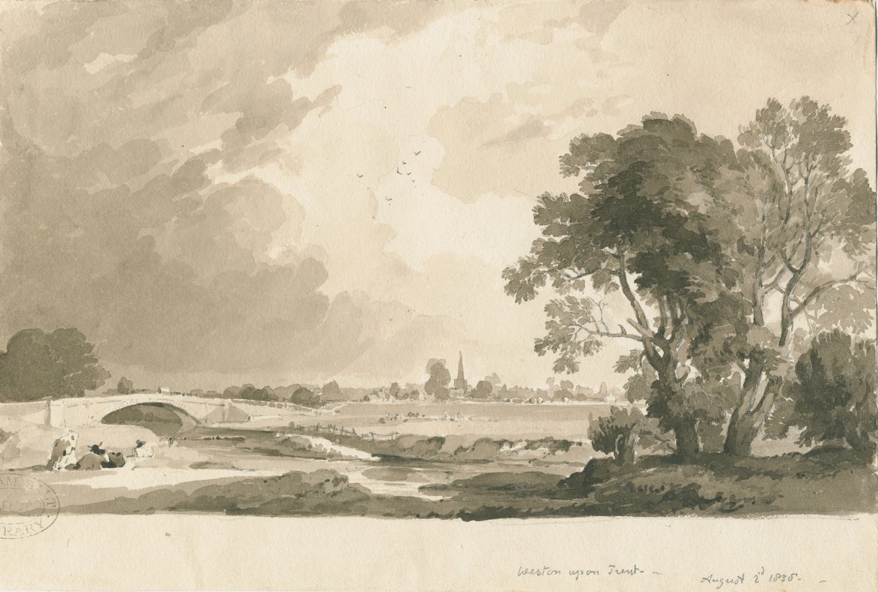 Weston-on-Trent - Uzak Görünüm: sepya ve kurşun kalem yıkama çizimi, 2 Ağu 1838 by Thomas Peploe Wood