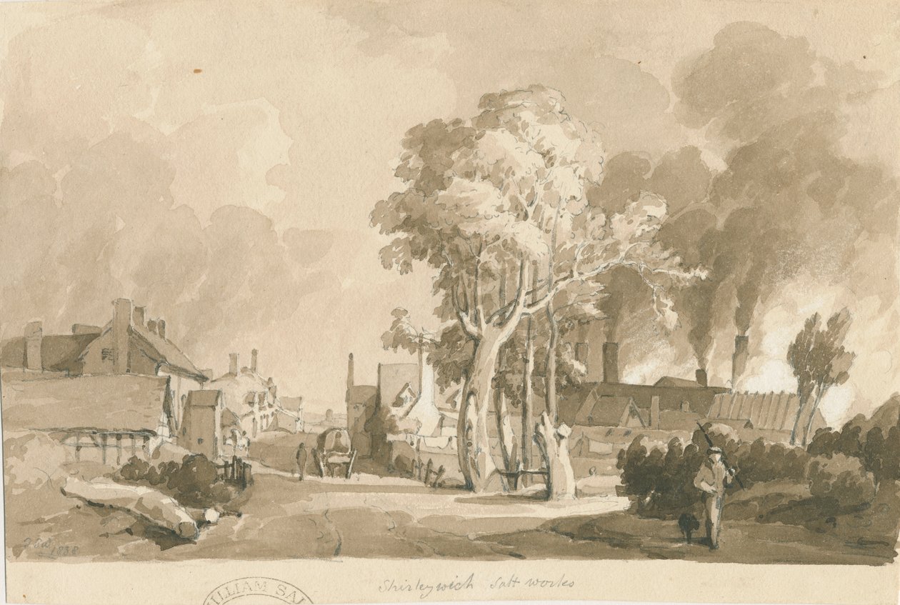 Weston-on-Trent - Shirleywich Saltworks: sepya yıkama çizimi, 1838 by Thomas Peploe Wood